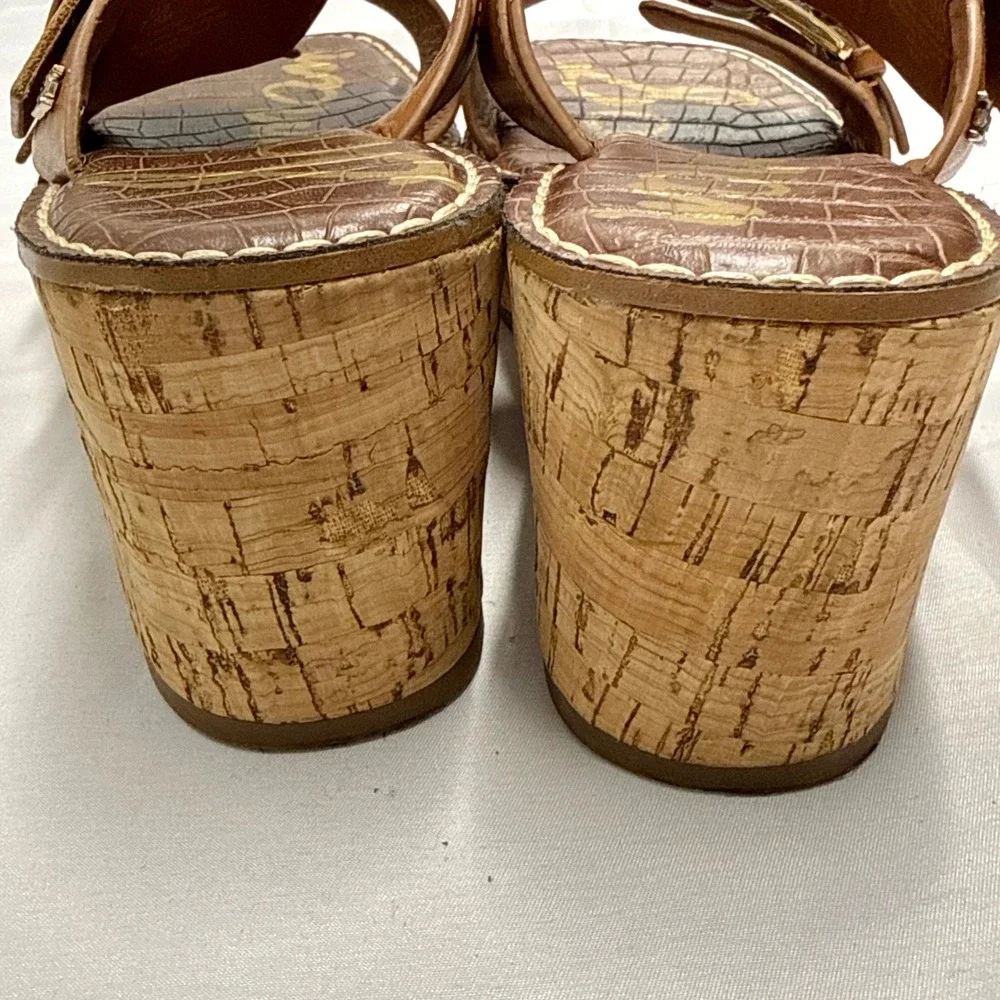 Sam Edelman Anna Leather Cork Wedge Sandals Gold Buckle Platform Square Toe 7.5